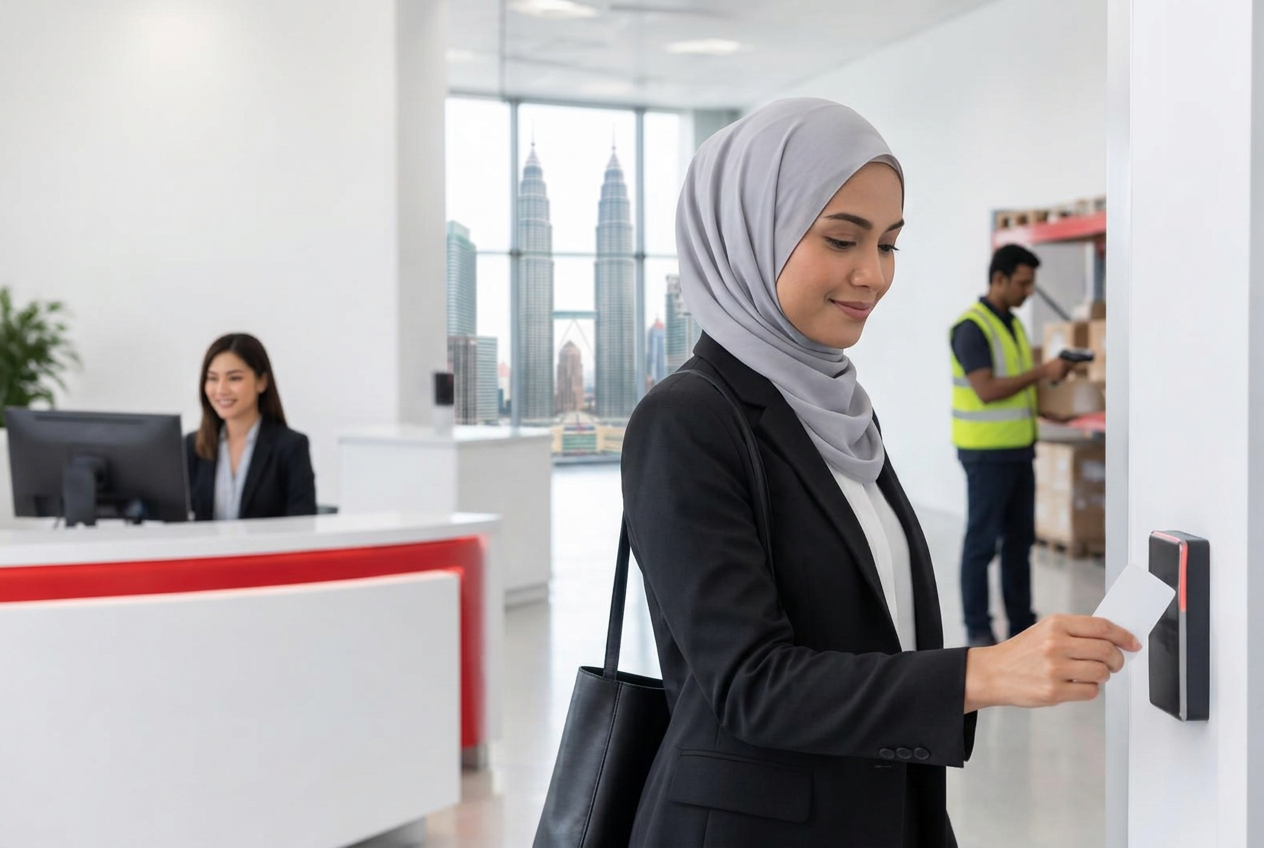 Malaysian professional using a secure ID access card in a Kuala Lumpur office overlooking the Petronas Twin Towers